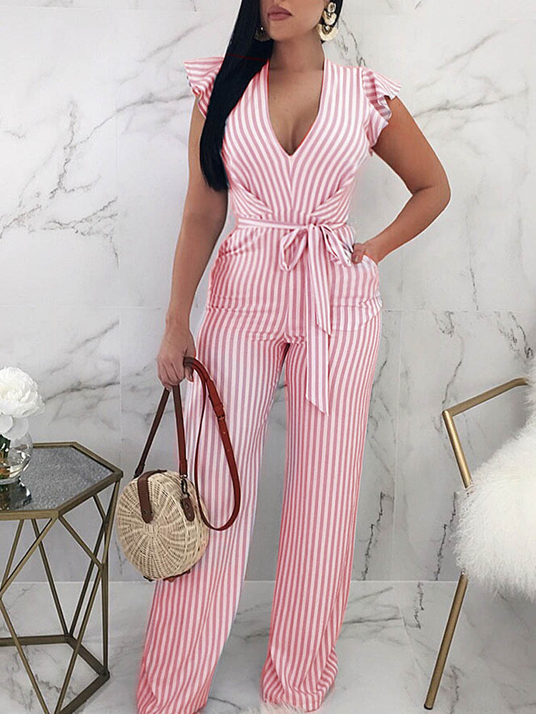 

Striped Tie Waist Cutout Back Flutter Sleeve Jumpsuit