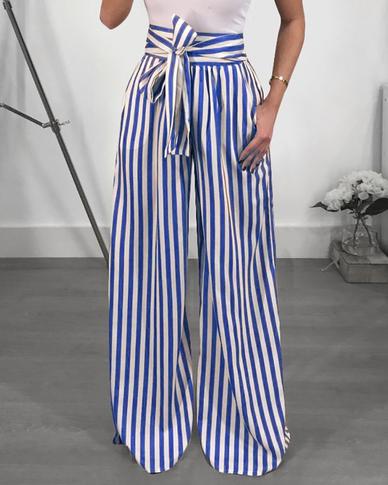 

Stripes High Waist Flared Pants, Blue