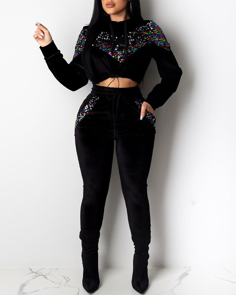 

Drawstring Design Sequins Top & Pant Sets, Black