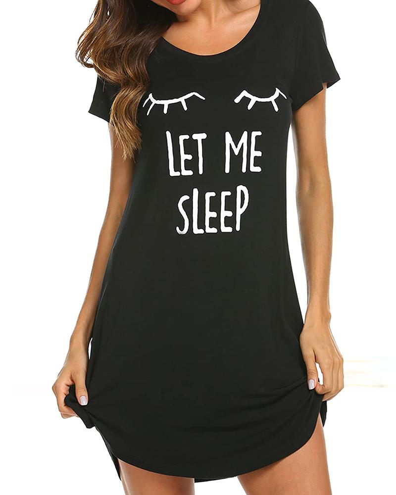 

Short Sleeve Print Homewear Dress, Black
