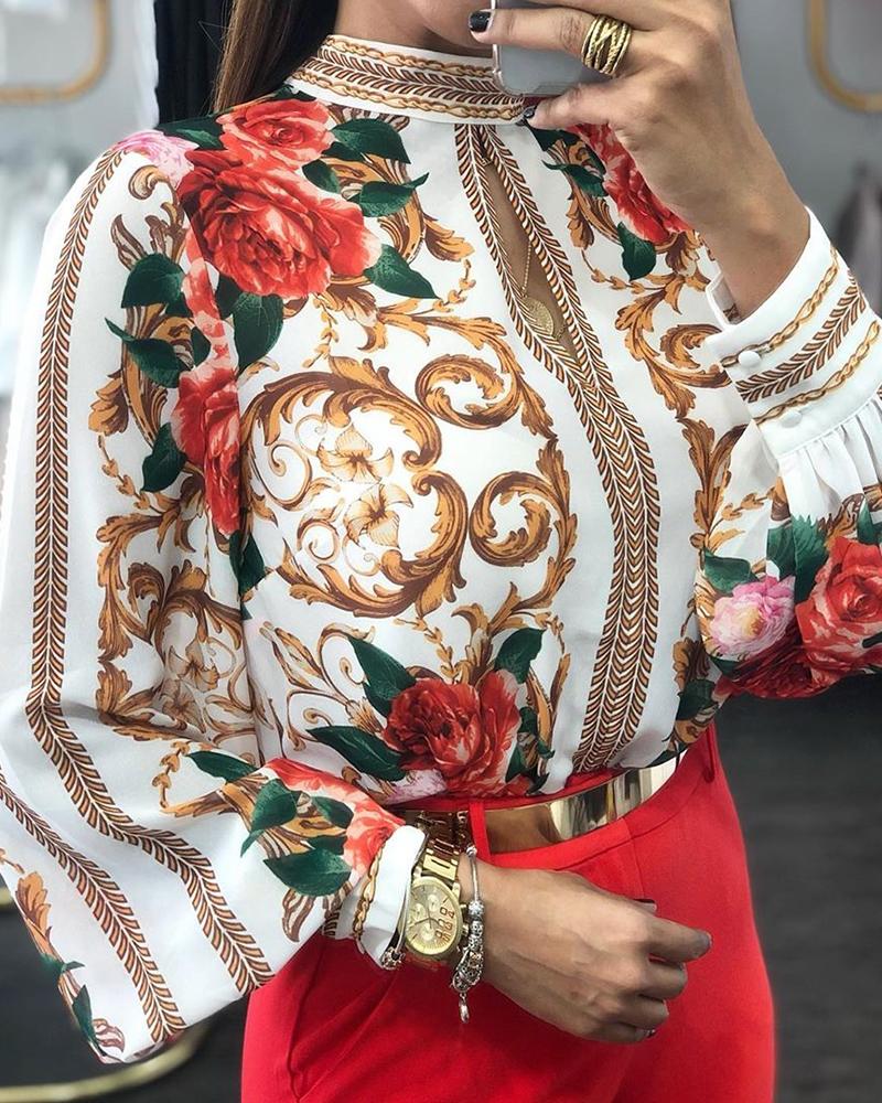 

Floral Print Lantern Sleeve Blouse, White