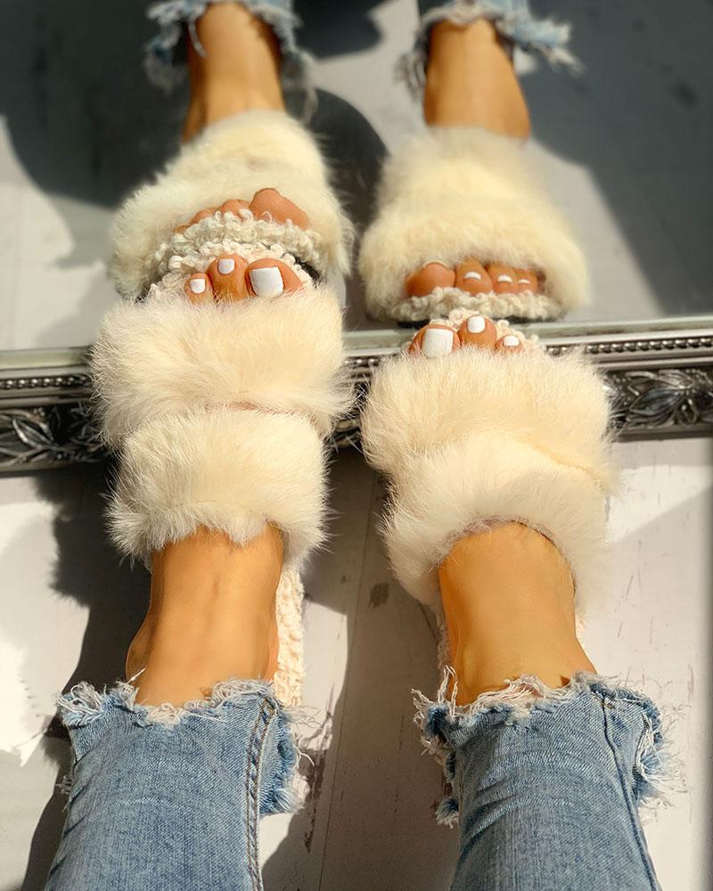 

Fluffy Hollow Out Casual Flat Sandals, Beige