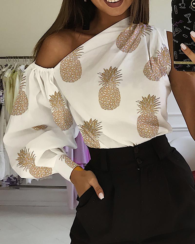 

One Shoulder Pineapple Print Blouse, White