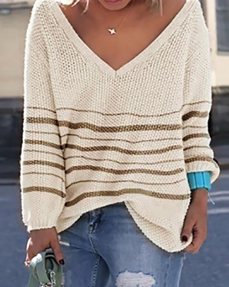 

V Neck Striped Loose Knitting Sweater