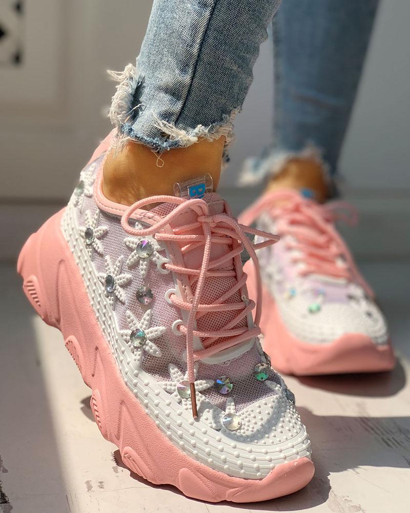 

Colorblock Mesh Diamante Trim Lace-Up Sneakers, Pink