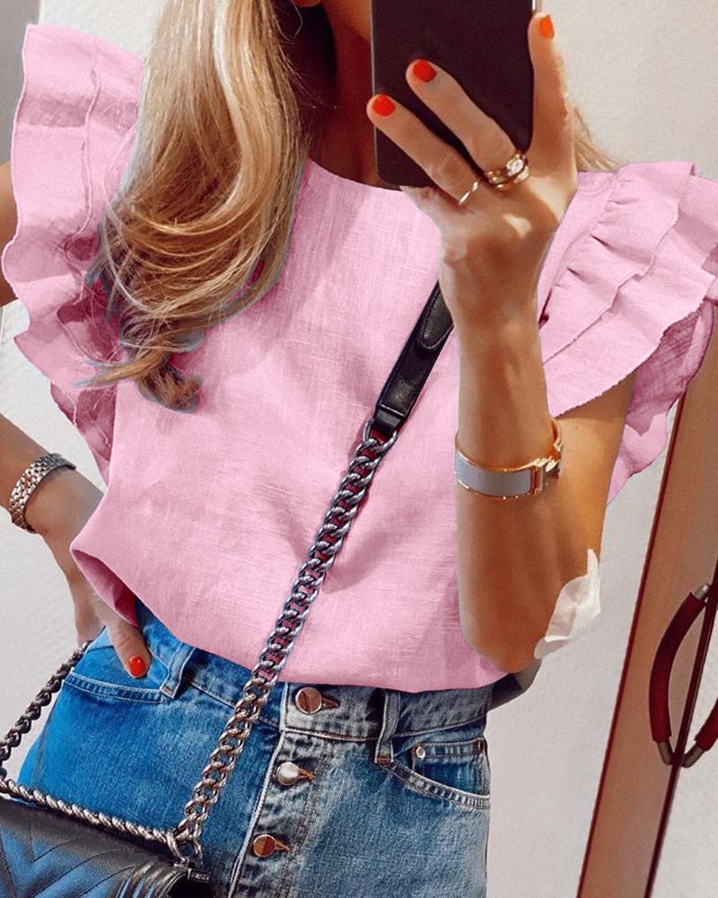 

Round Neck Ruffles Flutter Sleeve Blouse, Pink