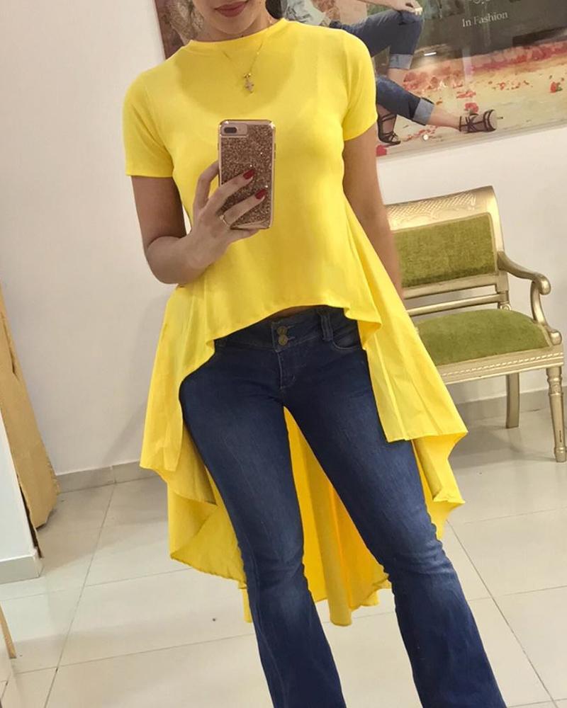 

Short Sleeve Ruffles Dip Hem Blouse, Yellow