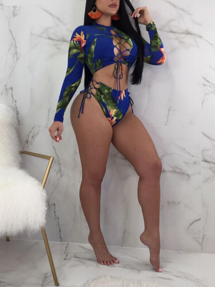 

Floral Print Lace-up Long Sleeve Bikini Set, Blue