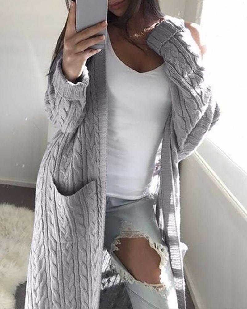 

Solid Open Front Pocket Longline Cardigan, Gray