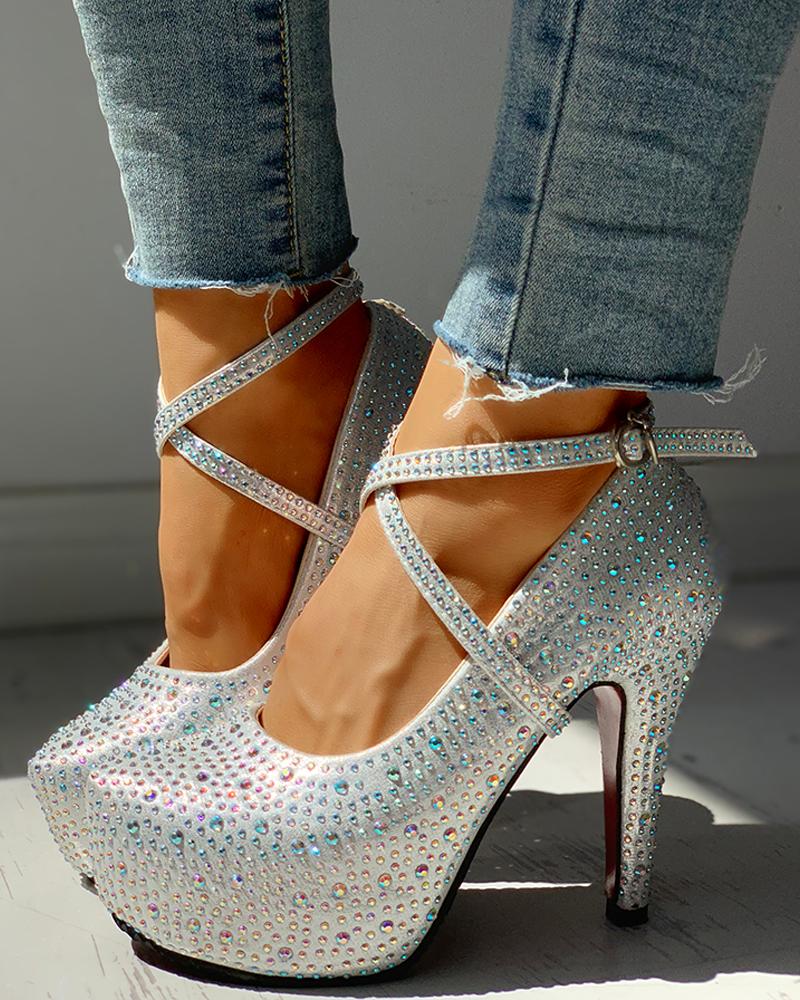 

Studded Crisscross Strap Ankle Buckled Platform Thin Heels, Silver