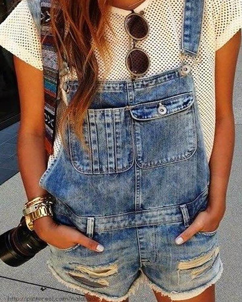 

Buttoned Distressed Casual Denim Suspender Romper, Blue
