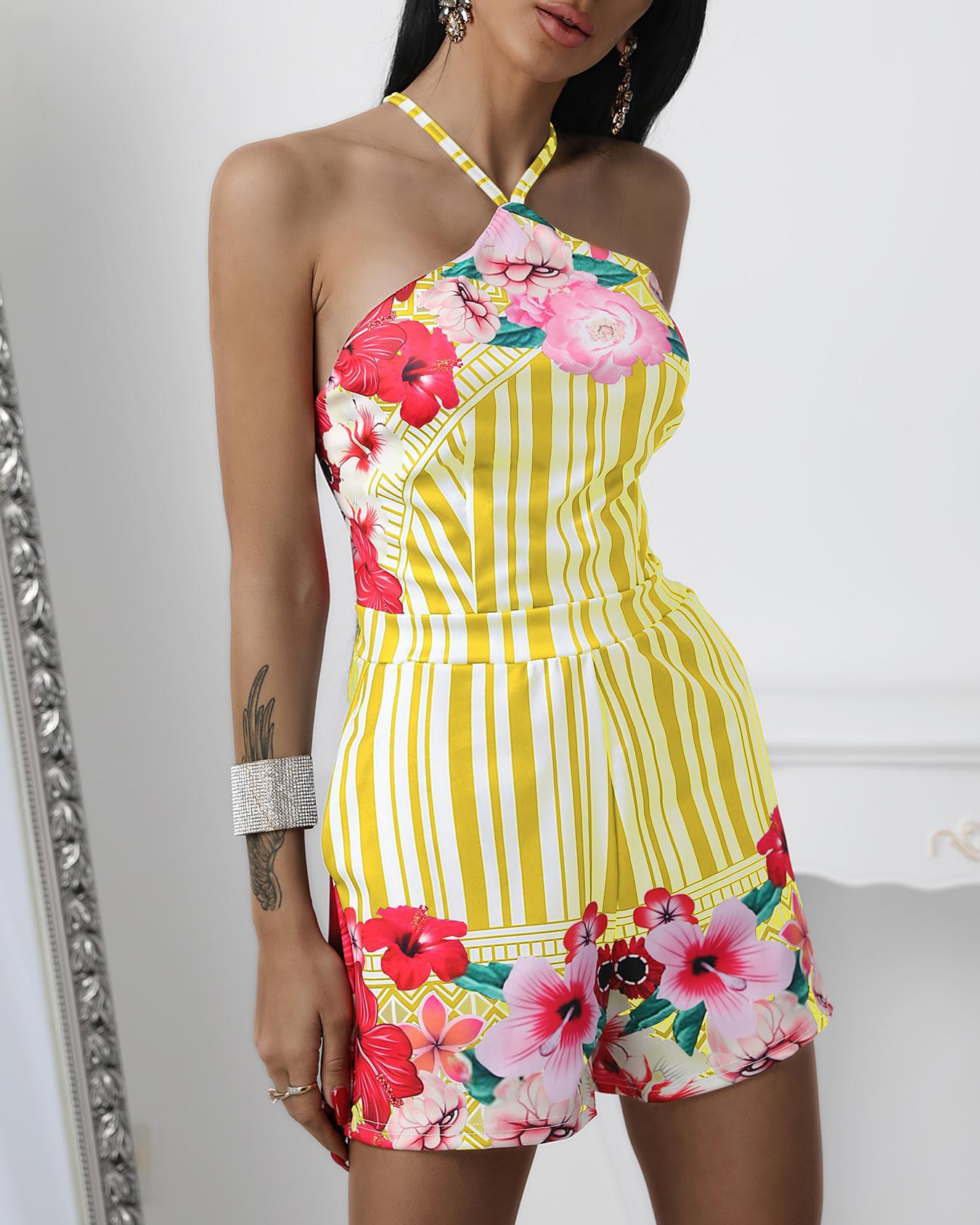 

Floral Print Halter Lace-up Back Slinky Romper