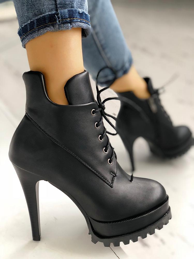 

Solid Lace-Up Eyelet Platform Thin Heeled Boots, Black