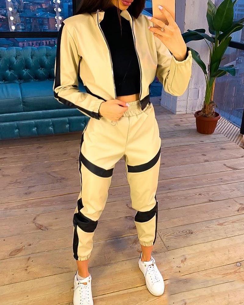 

PU Colorblock Crop Jacket & Pants Sets, Khaki