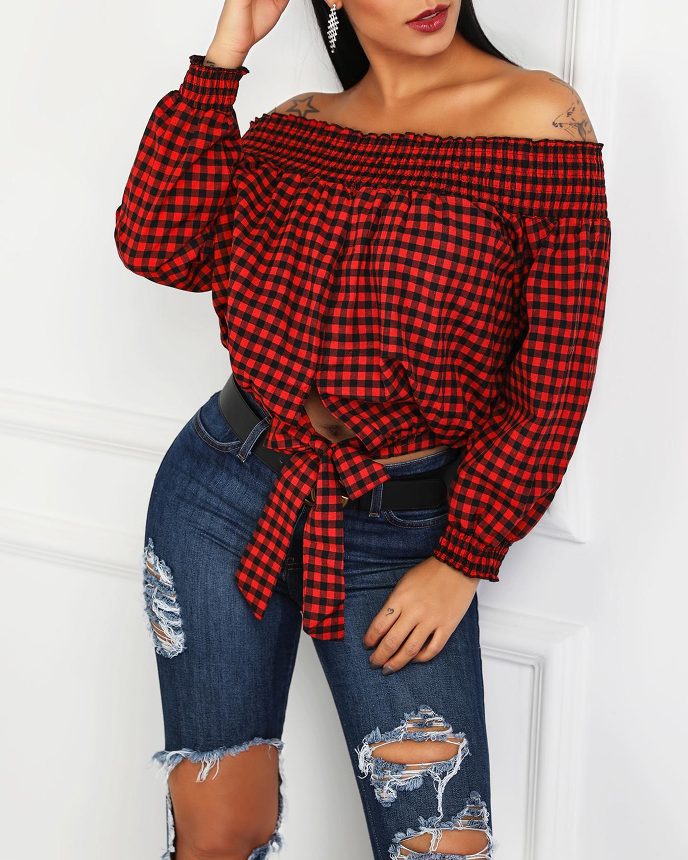 

Gingham Print Lantern Sleeve Bowknot Back Blouse