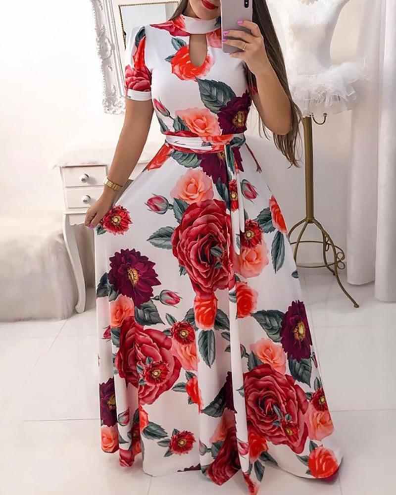 

Floral Print Short Sleeve Maxi Dress, White