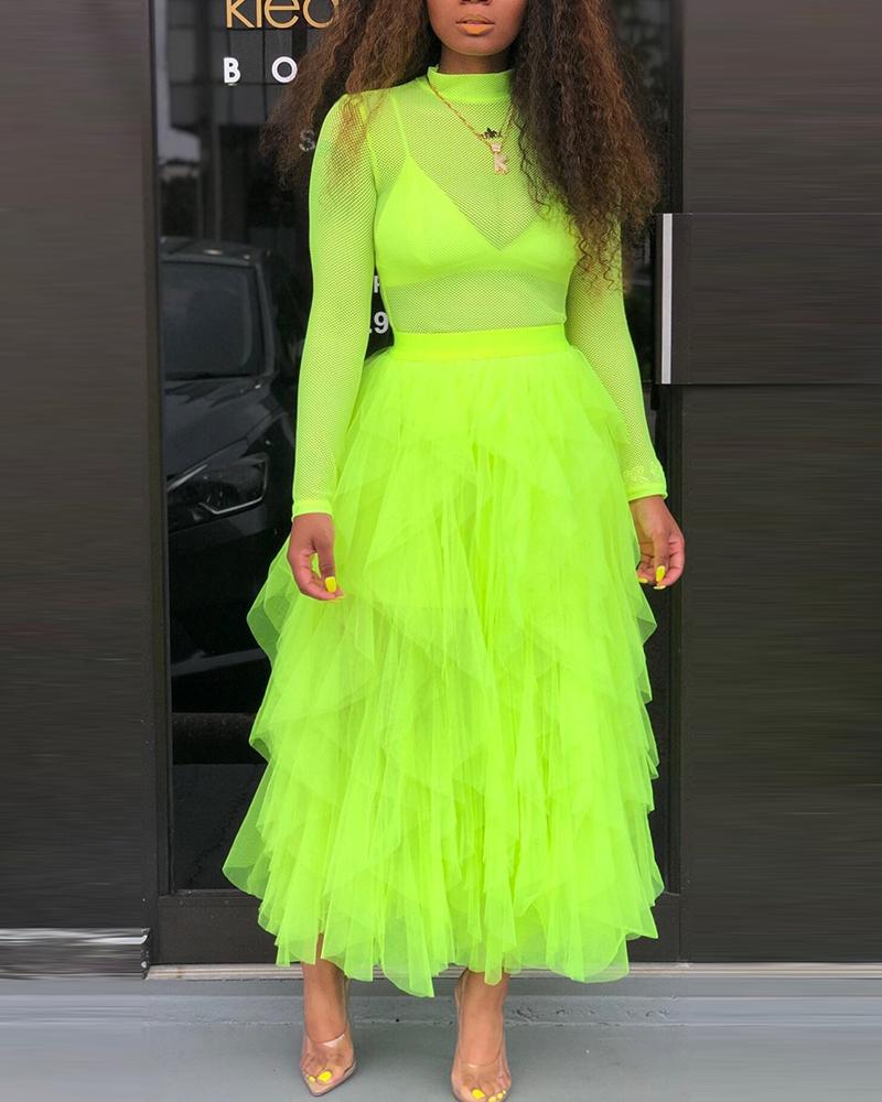

High Waist Mesh Layered Skirt, Green