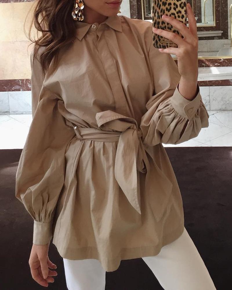 

Solid Turn-down Collar Lantern Sleeve Shirt