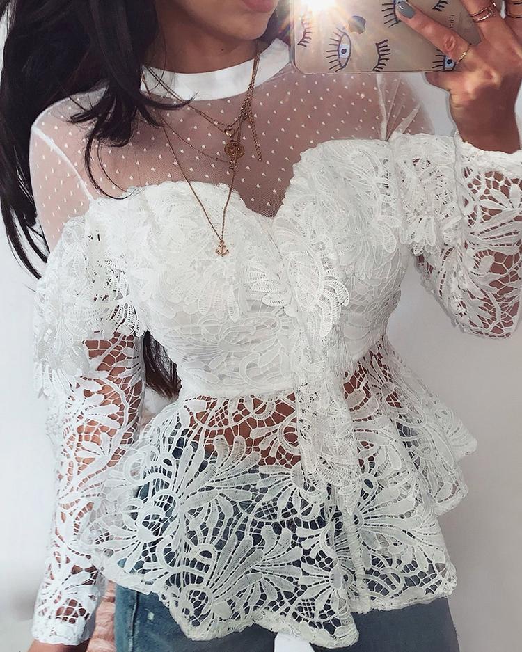 

Sheer Mesh Floral Lace Ruffles Blouse, White