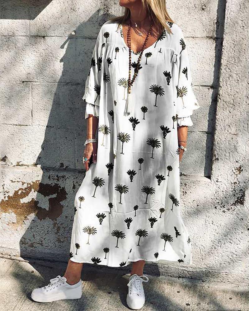 

V Neck Palm Tree Print Ruffles Casual Dress, White