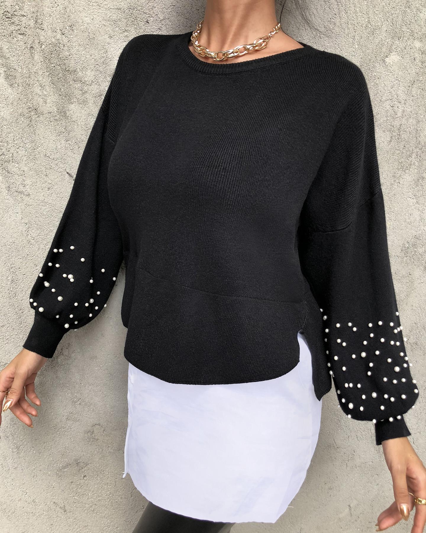 

Beaded Lantern Sleeve Side Slit Sweater, Black