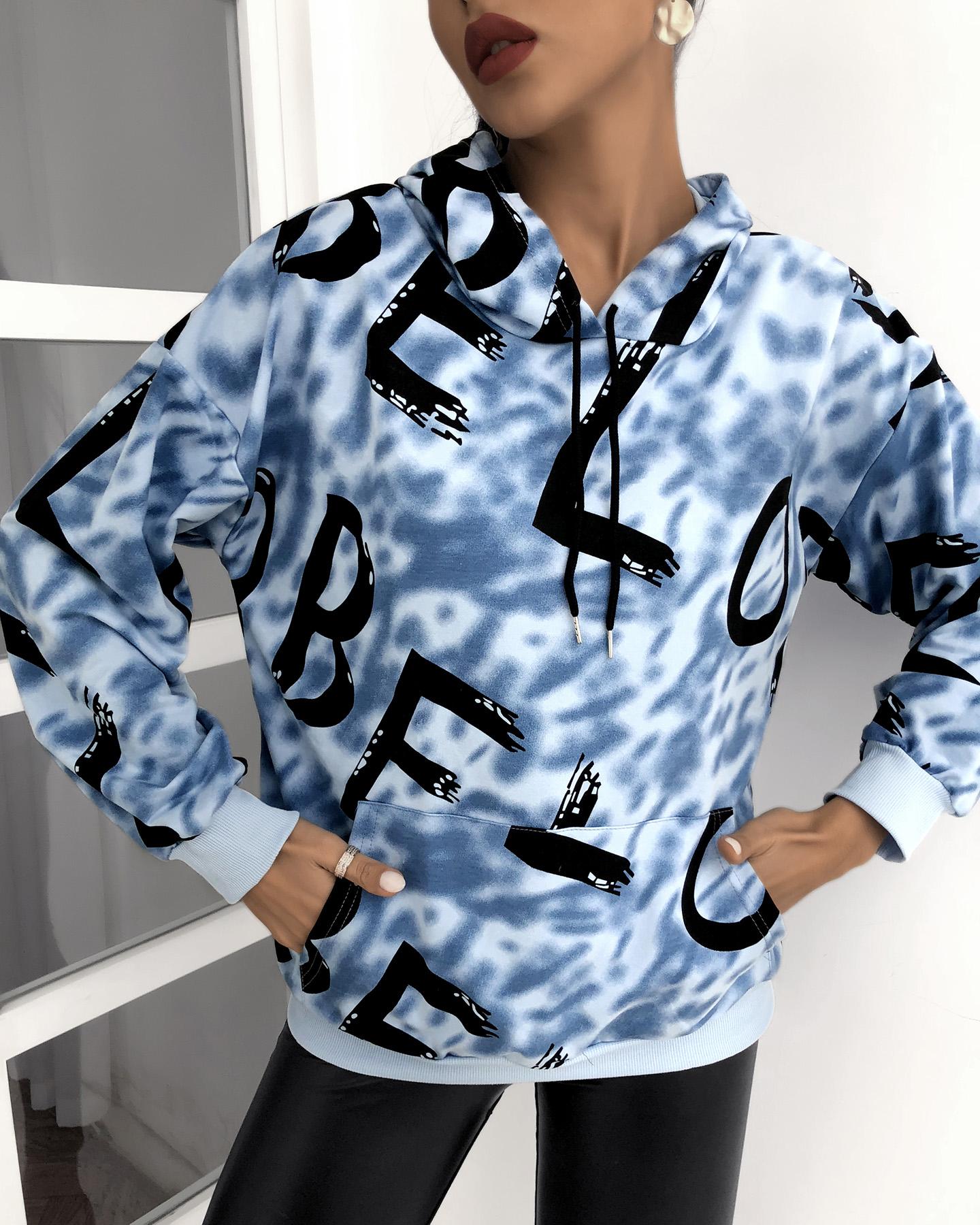 

Letter Print Long Sleeve Pocket Design Hoodie, Blue