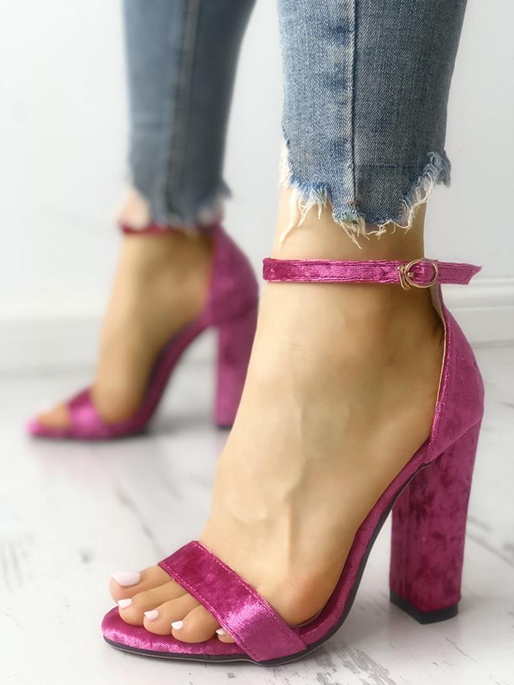 

Velvet Ankle Strap Chunky Heeled Sandals, Hot pink