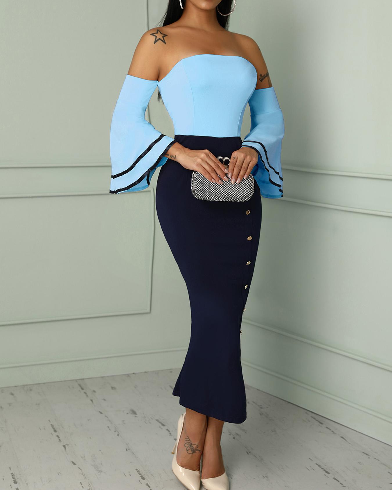 

Bell Sleeve Button Design Cocktail Party Dress