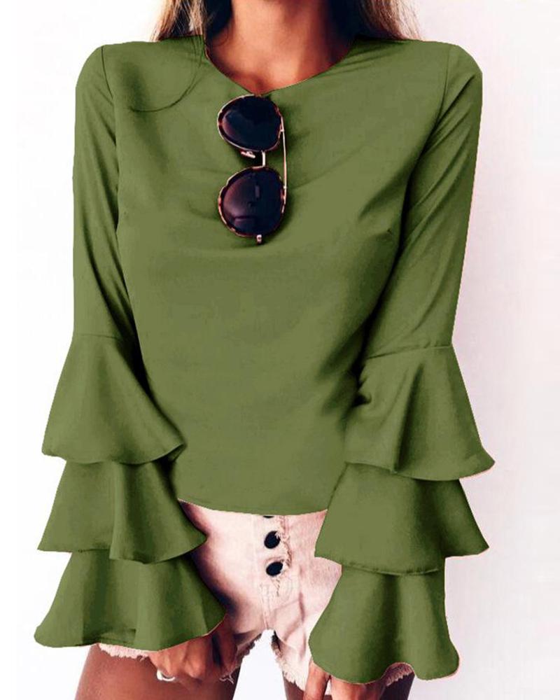 

Casual Ruffle Long Sleeve Blouse, Green