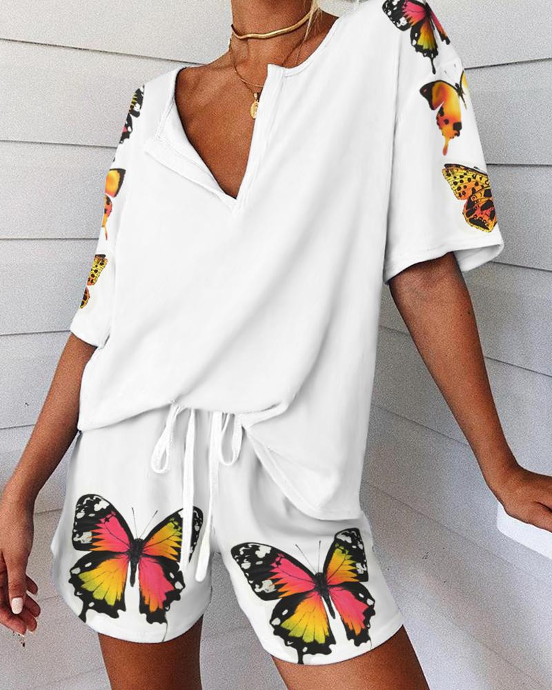 

Butterfly Print V-neck Pajamas Set, White