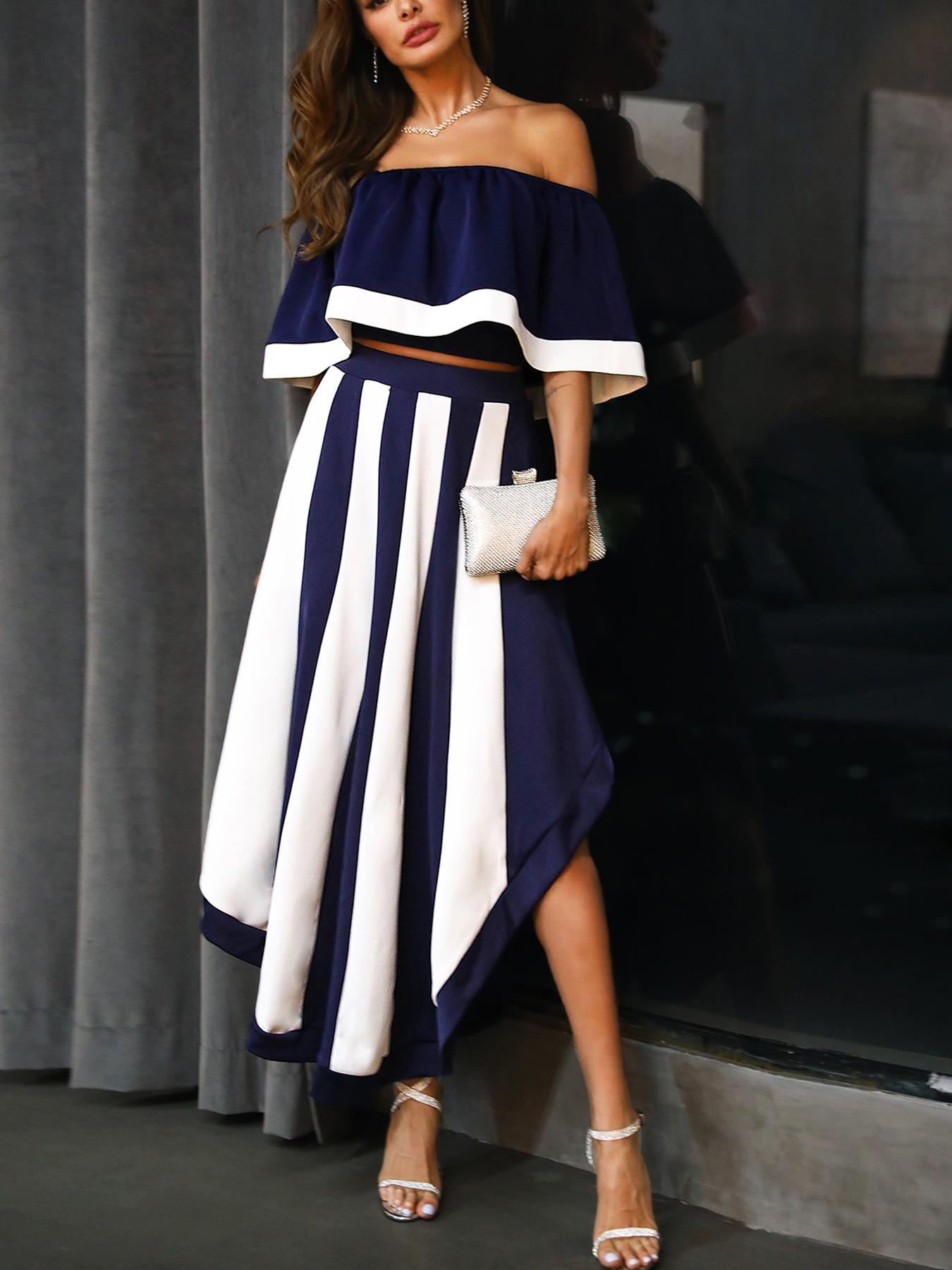 

Contrast Color Crop Top & Irregular Skirt Set, Purplish blue