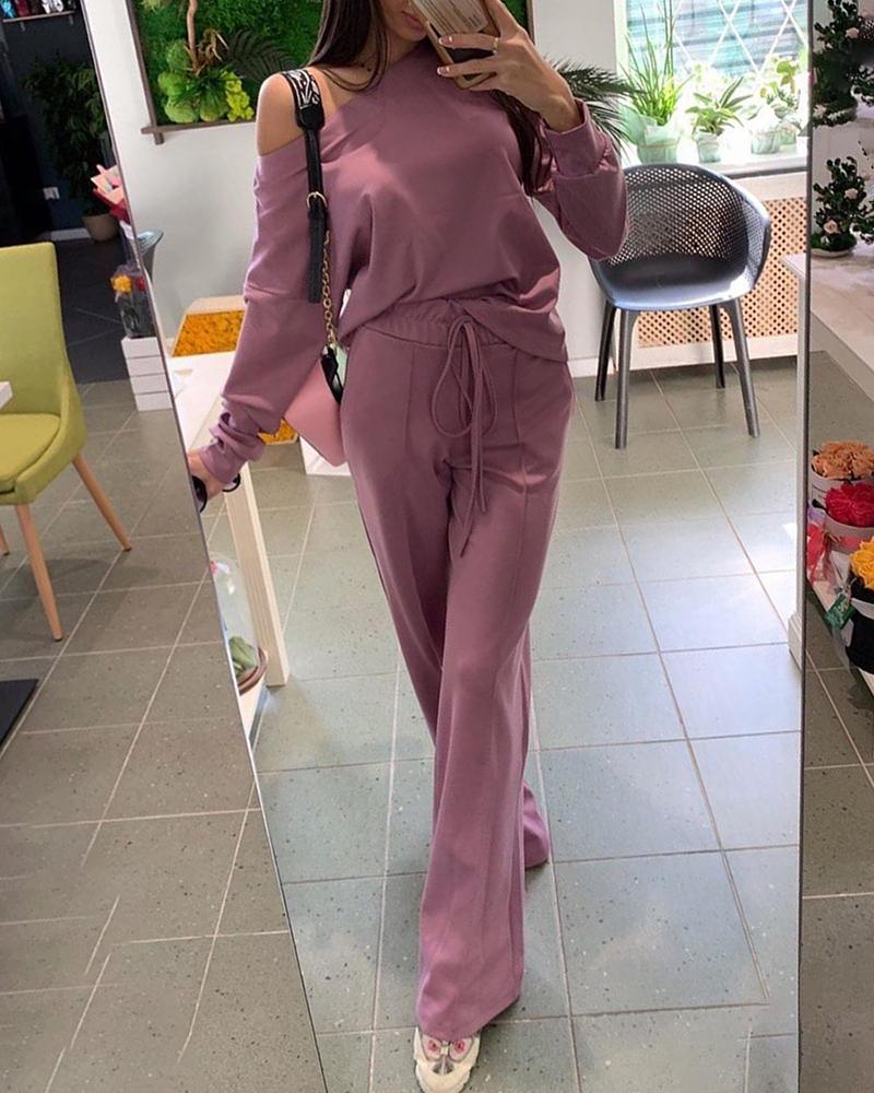 

Solid One Shoulder Drawstring Casual Top & Pant Set, Purple