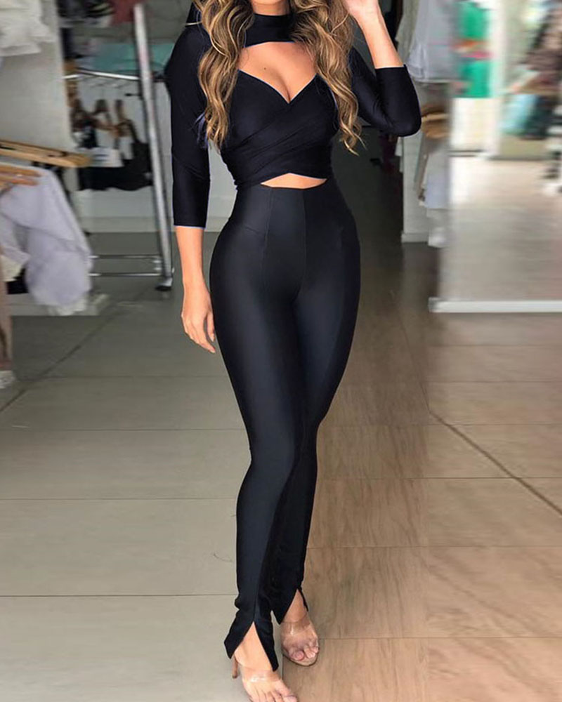 

Crisscross Cut Out Top & Slit Pants Set, Black