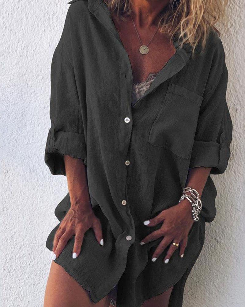 

Casual Solid Color Roll Up Sleeve Shirt
