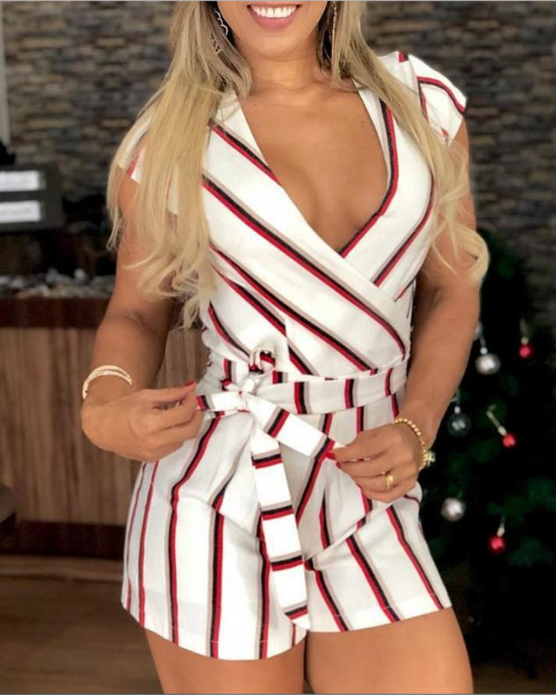 

Striped V-Neck Knotted Design Romper, White