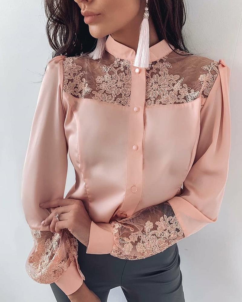 

Mesh Embroidery Insert Button Up Blouse, Pink