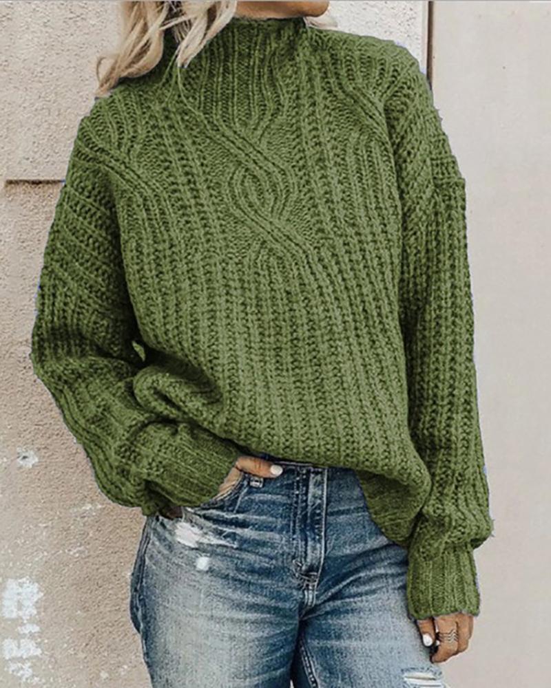 

Solid High Neck Knit Casual Sweater, Green
