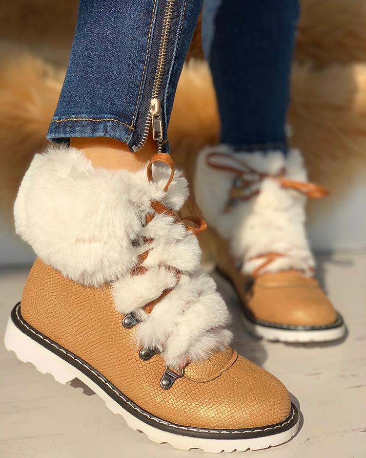 

Lace-Up Fluffy Non-Slip Flat Shoes