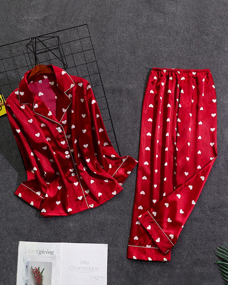 

Print Long Sleeve Pajamas Set, Red