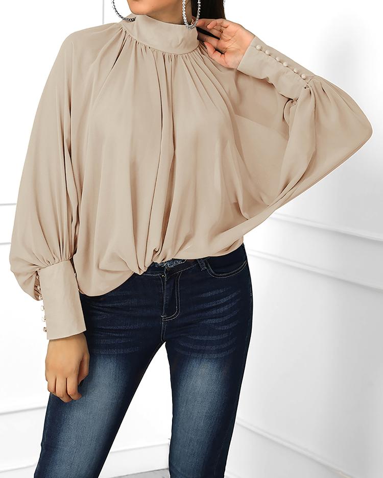 

Lantern Sleeve Wide Cuff Ruched Blouse, Apricot