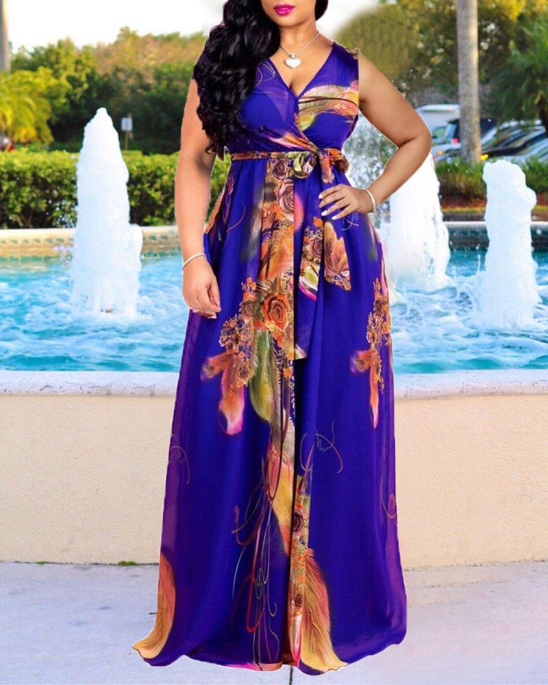 

Floral Print Mesh Sleeveless Maxi Dress, Dark blue