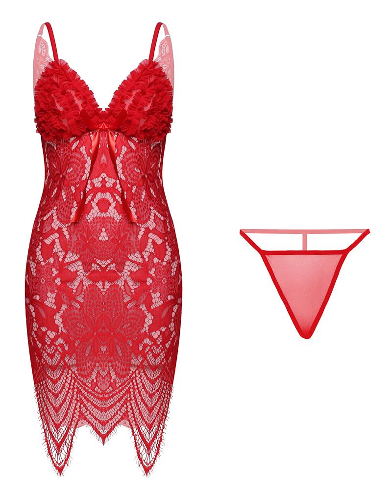 

Spaghetti Strap Sheer Mesh Lace Babydoll With Thong, Red