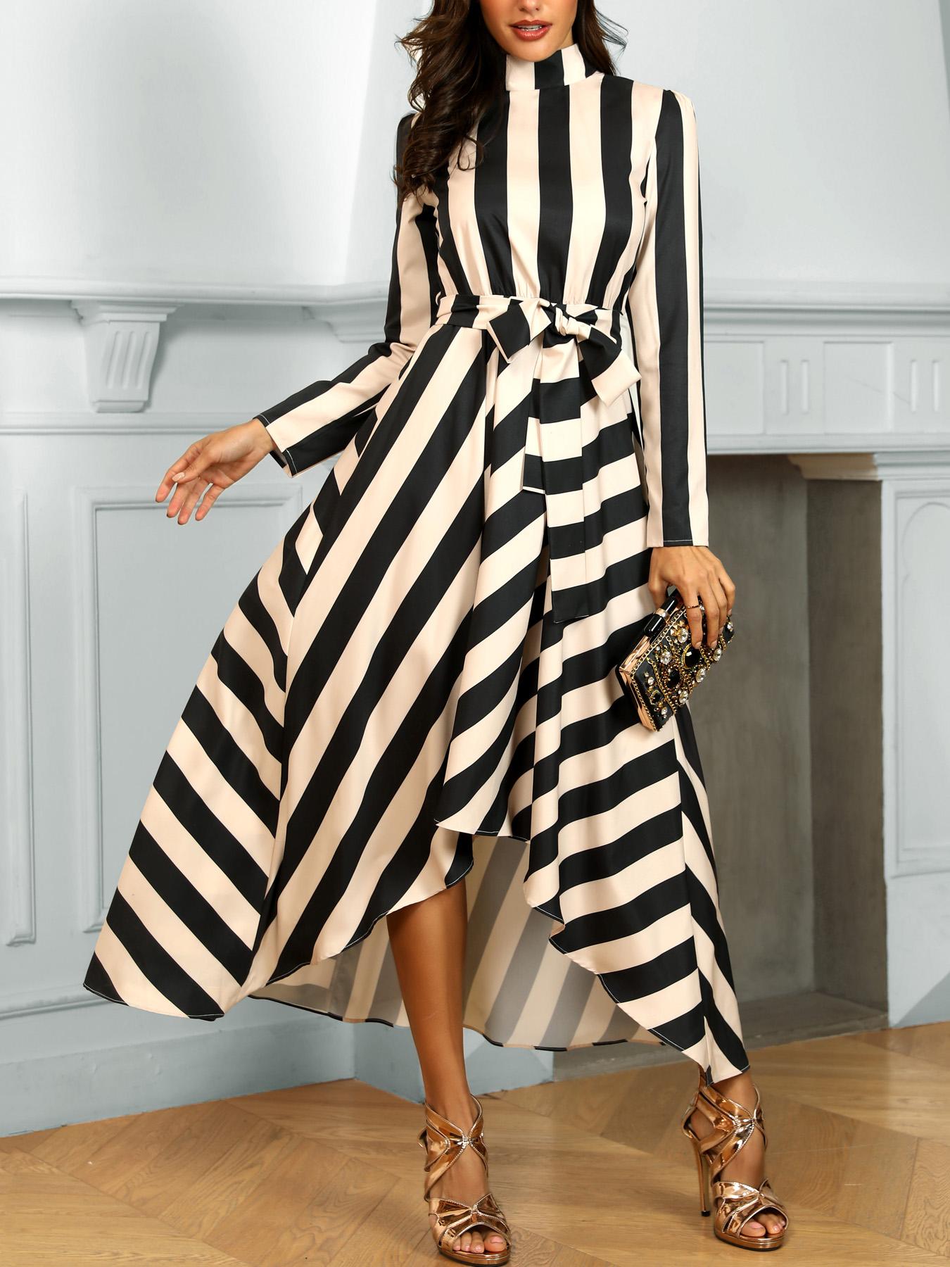 

Striped Long Sleeve Irregular Dress, Apricot