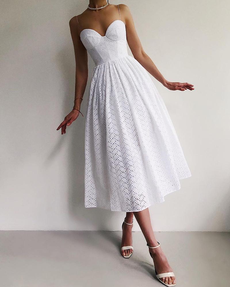 

Plain Spaghetti Strap Hollow-out Lace Dress, White