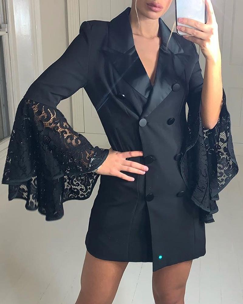 

Bell Cuff Lace Hem Buttoned Blazer Dress, Black