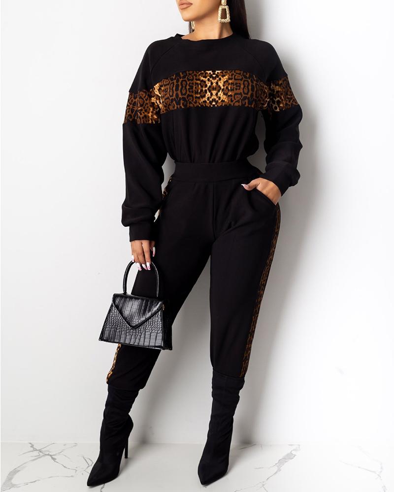 

Round Neck Colorblock Insert Leopard Top & Pants Sets, Black