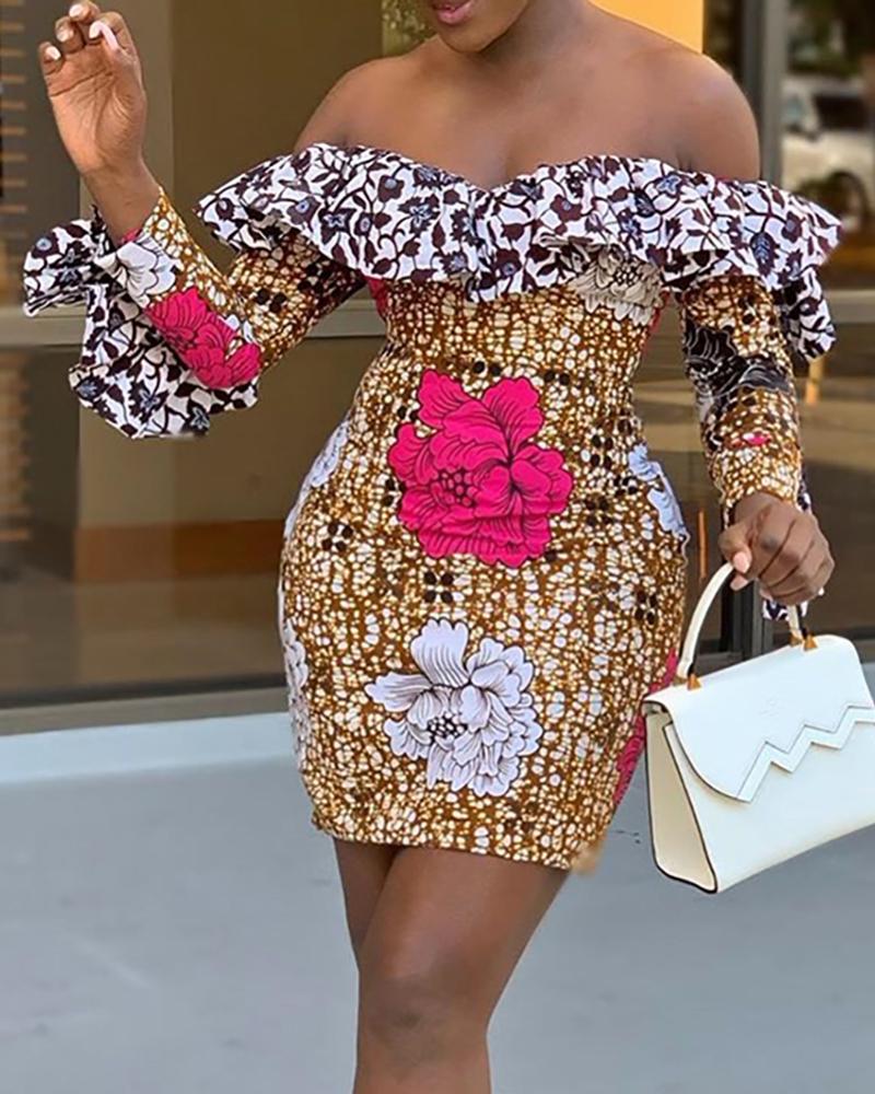 

Colorful Print Ruffles Off Shoulder Dress, Multicolor