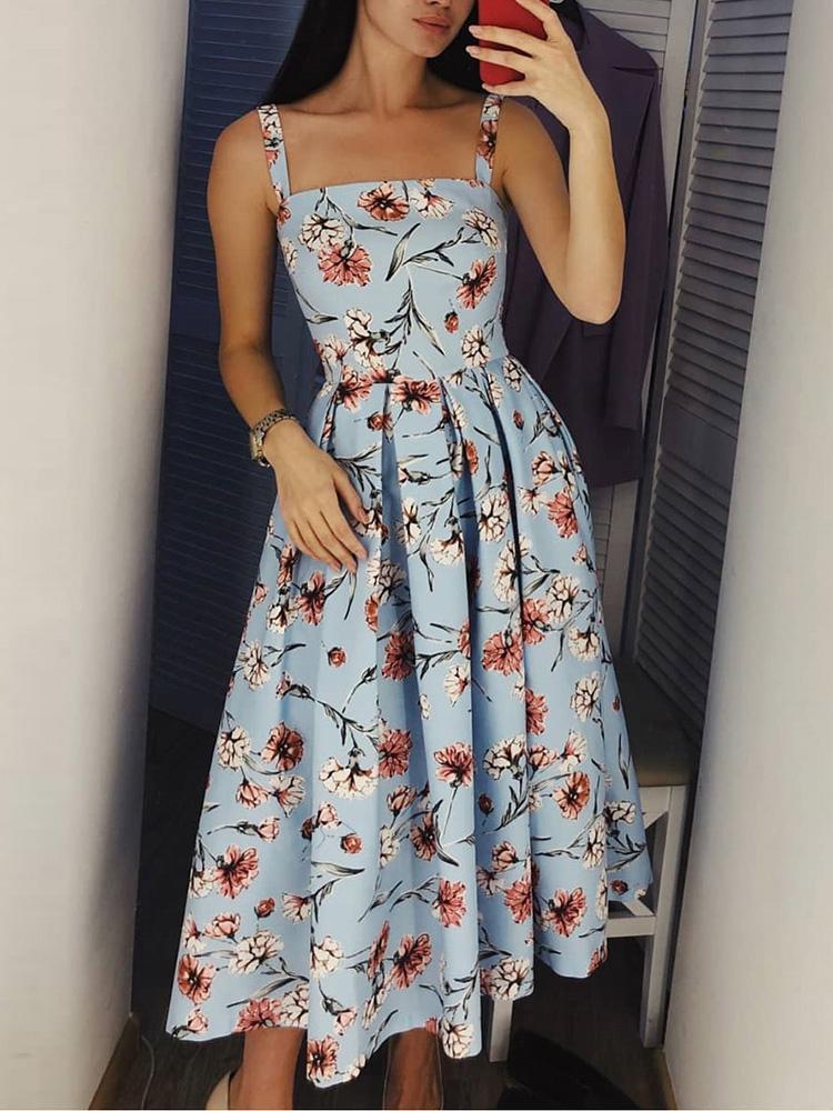 

Floral Print Spaghetti Strap Pleated Dress, Light blue