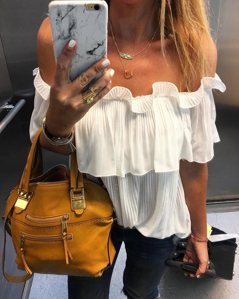 

Solid Off Shoulder Ruffles Blouse, White