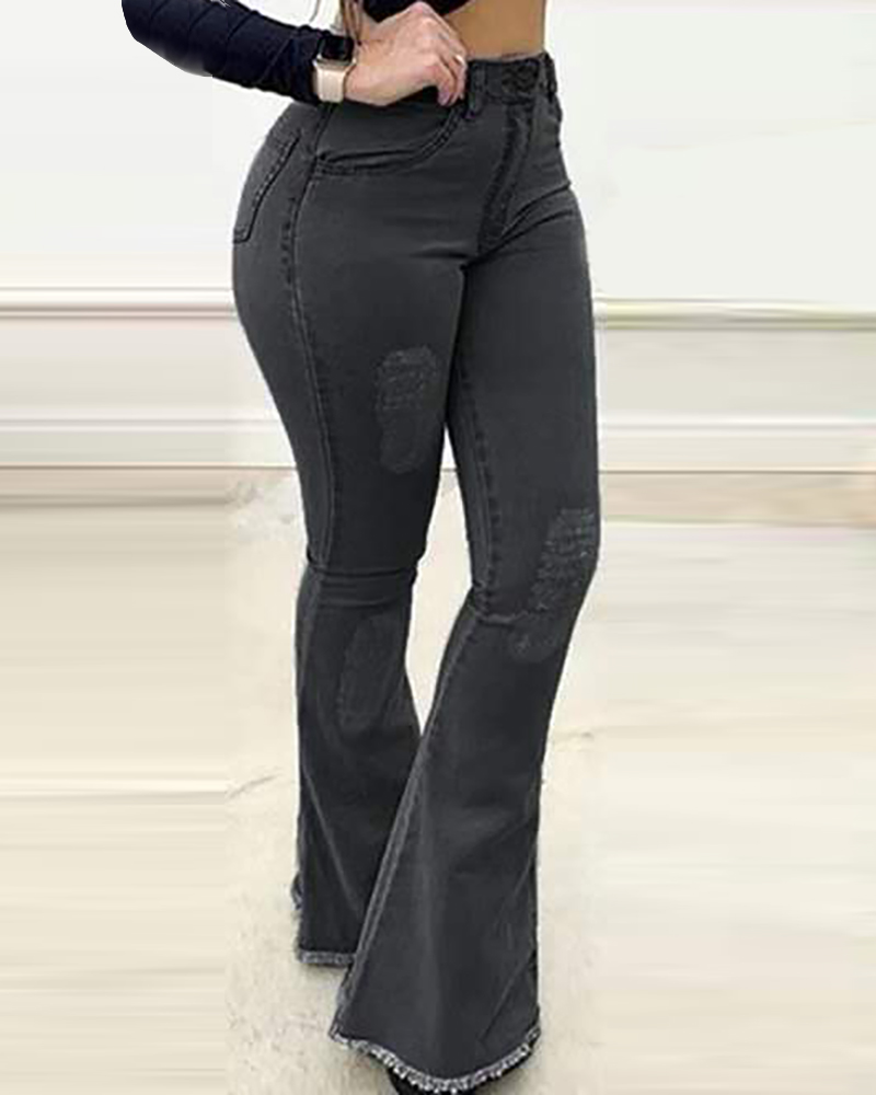 

Solid Pocket Design Denim Bell-Bottom Pants, Black